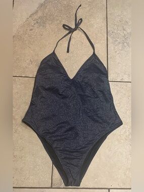 Cupshe Navy Shimmer One Piece Swimsuit XL | V-Neck High Cut NWT